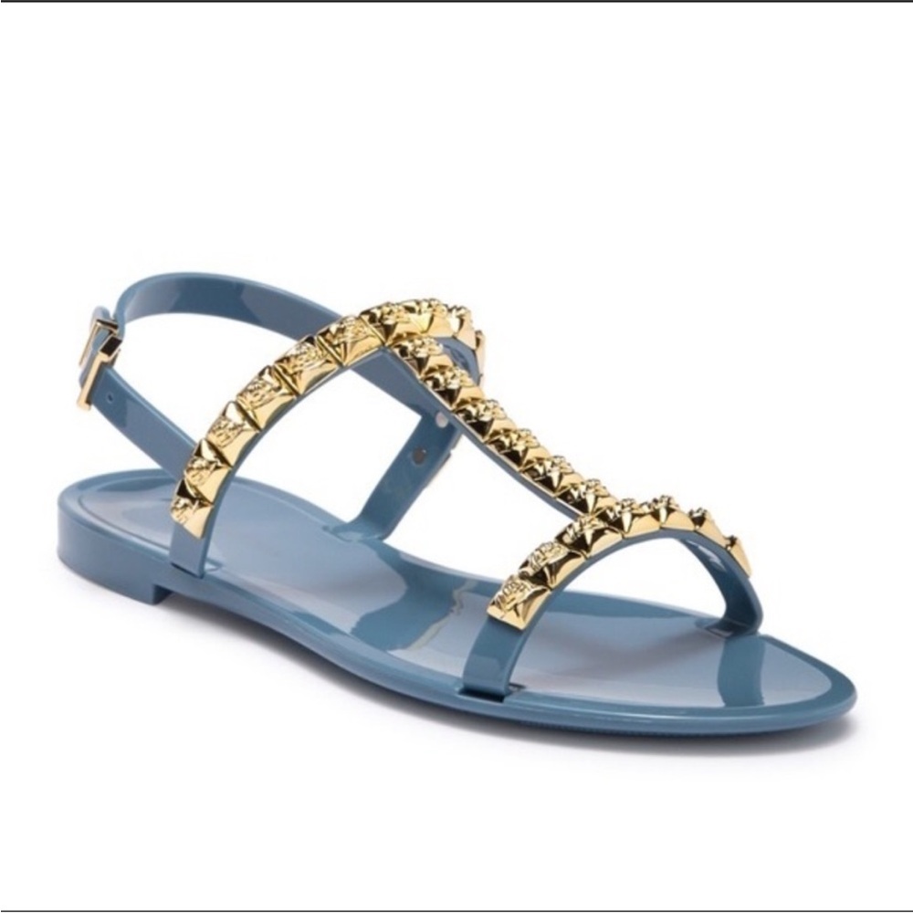 Stuart Weitzman Blue and Gold Chain Embellished Jelly Sandals